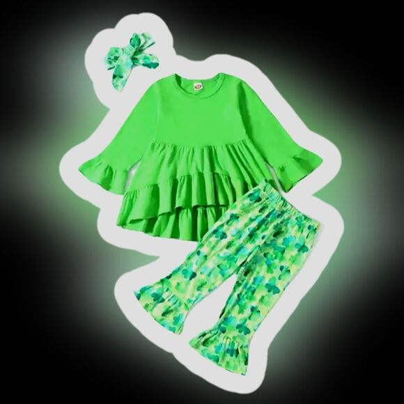 Kids Multi Colored Green Shamrock Top, Pants and Bow. 3T/4T - Picture 1 of 3